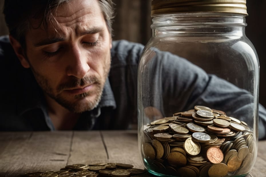 The picture of the sad man withthe jar of coins