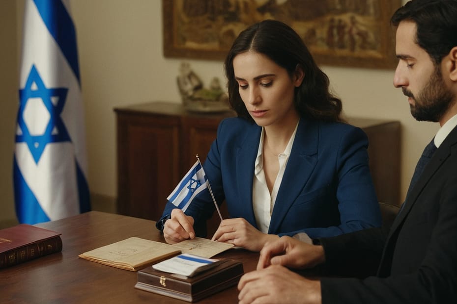 The picture of man and woman with the Israeli flag on the background.