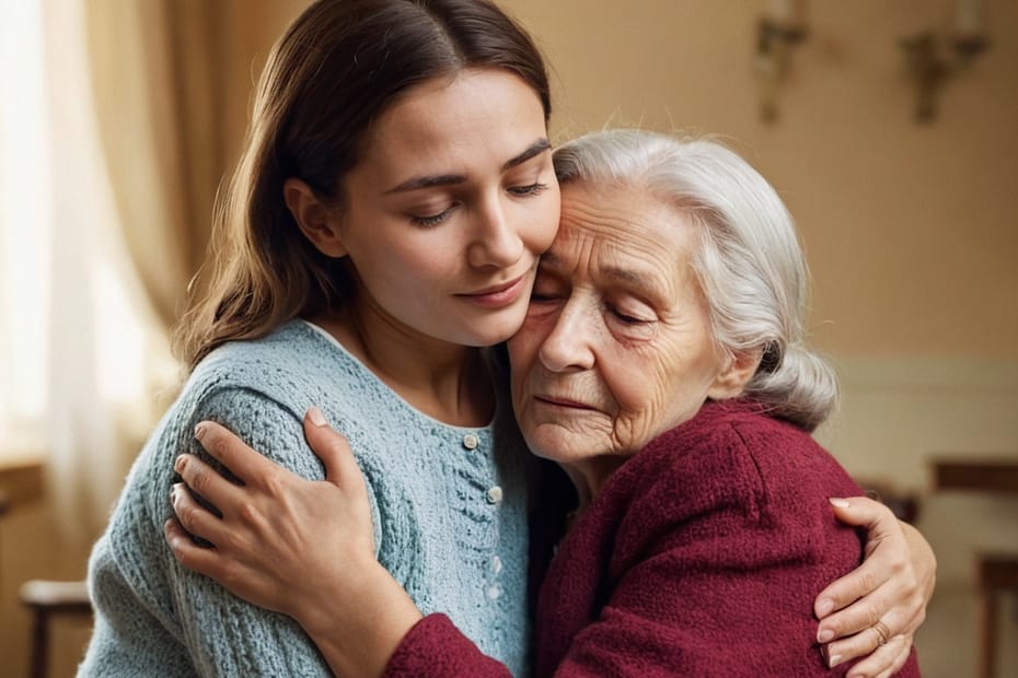 The picture of the young woman who is hugging her grandmother